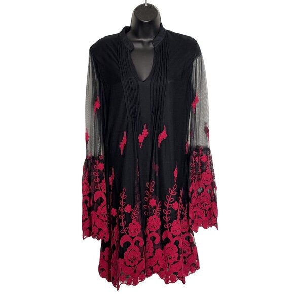 Niza Dresses & Skirts - Black & Red Embroidered Long Sleeve Tunic Dress By Niza Size 38 Sheer Sleeve